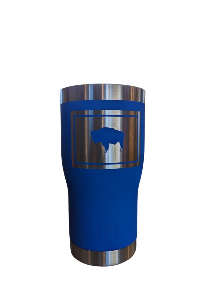 royal blue 20-ounce tumbler with etched state flag on front.