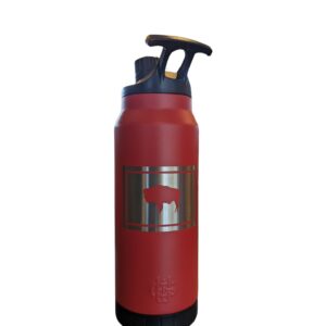 Red 34-ounce insulated water bottle with state flag etched on front. Lid has a carrying handle and clip capabilities
