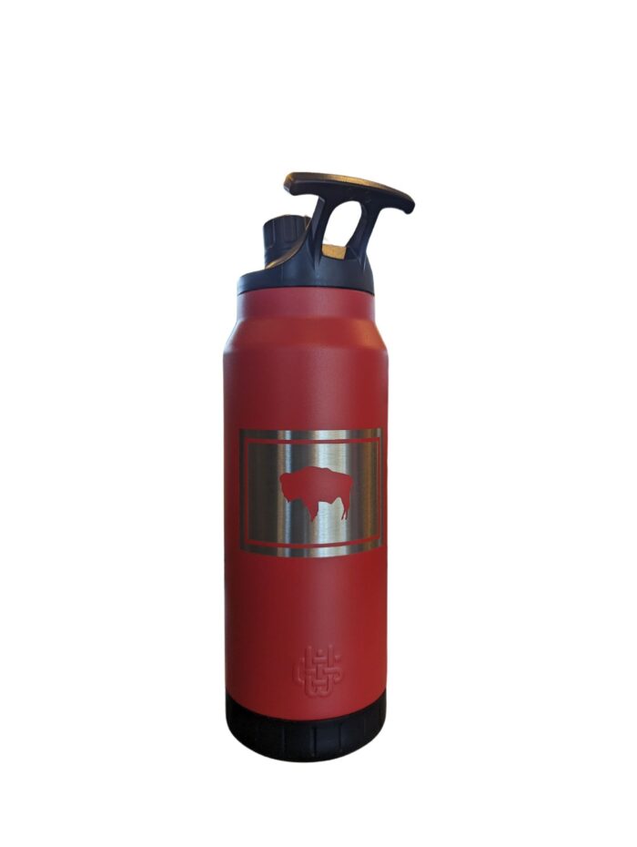 Red 34-ounce insulated water bottle with state flag etched on front. Lid has a carrying handle and clip capabilities