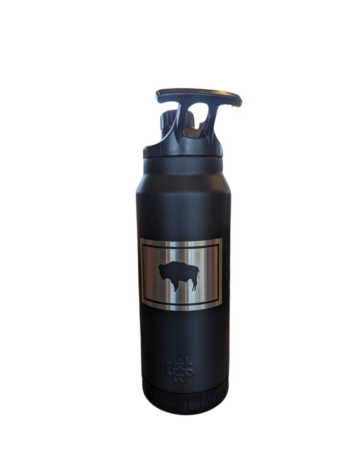 Black 34-ounce insulated water bottle with state flag etched on front. Lid has a carrying handle and clip capabilities.