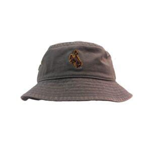 All grey bucket hat, unstructured, with embroidered bucking horse in brown with gold outline