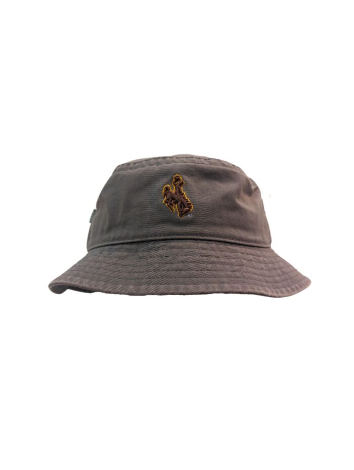 All grey bucket hat, unstructured, with embroidered bucking horse in brown with gold outline
