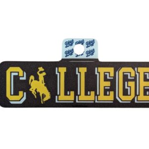 brown rectangular decal with College in large font. Font is gold with a white outline. Bucking horse in place of O in College.