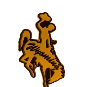 Bucking horse shaped magnet, design is gold matte coloring with script brown word Wyoming