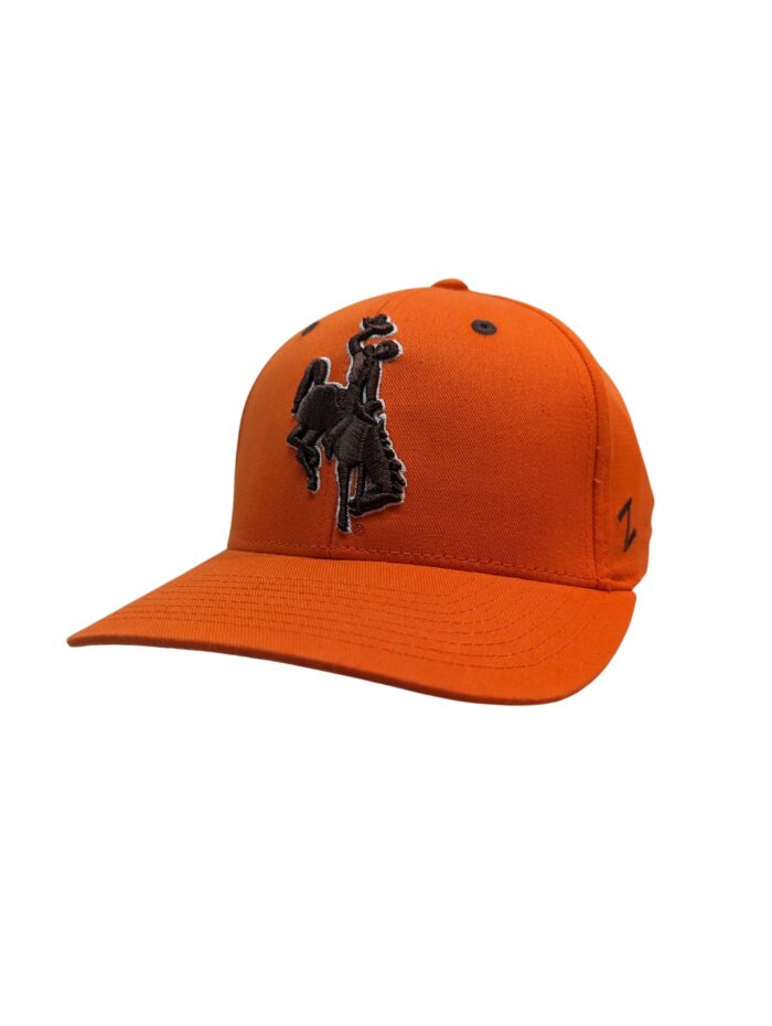 orange adjustable hat, with brown embroidered bucking horse with white outline and snap backing.