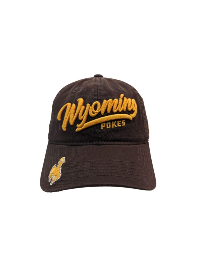 Brown adjustable women's hat. Wyoming in gold, embroidered, script with pokes under Wyoming. Gold bucking horse with white outline on bill.