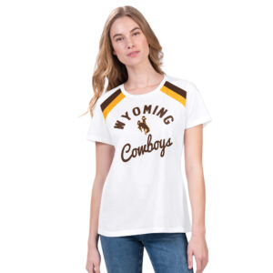 womens short sleeve t-shirt, white. brown arced Wyoming, bucking horse under with gold outline, with brown cursive cowboys. On shoulders, gold and brown stripe