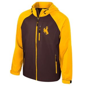 Men's full zip jacket. brown body with gold sleeves and shoulders. On left chest, zip pocket with gold bucking horse.