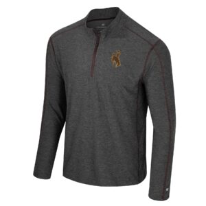 grey 1/4 zip jacket with collar. on front left chest, brown bucking horse with gold outline.