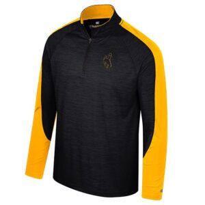 men's light jacket, black, with gold stripes on sleeve and shoulder with all gold wrists. On left chest, brown bucking horse with gold outline.