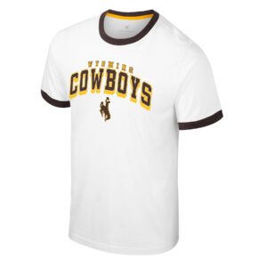 white, short sleeve t-shirt with brown trim on sleeves and neck. Gold arced wyoming with brown outline, under, brown arced cowboys with gold outline and bucking horse on front.
