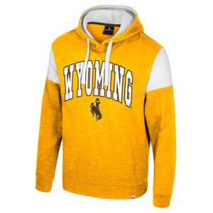Gold mens hooded sweatshirt with arced wyoming in center chest, white fill brown outline. Below wyoming, brown bucking horse.