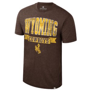 Brown short sleeve t-shirt. on front Gold distressed wyoming with white outline, cowboys in gold banner under wyoming. Gold bucking horse under.