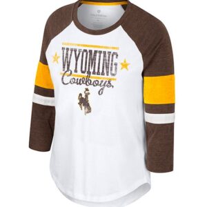 Womens long sleeve tee. 3/4 length sleeves. yellow and gold bands on sleeves. Sleeves and shoulders brown. front of shirt is white with wyoming cowboys in brown with bucking horse under