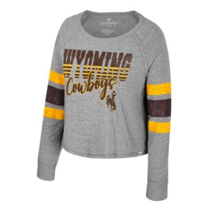 grey long sleeve t-shirt. with brown and gold arm bands at both elbows. Striped gold and brown Wyoming on front with script cowboys in brown under.