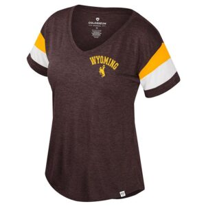 Womens short sleeve t-shirt. All brown with white and gold bands on sleeve. on left chest, arced gold wyoming with bucking horse under.