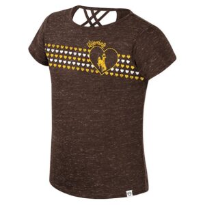 Youth brown short sleeve t-shirt. On front gold and white hearts across chest. On left chest gold heart with bucking horse in center. Above heart Wyoming Arced. Crossing back straps.