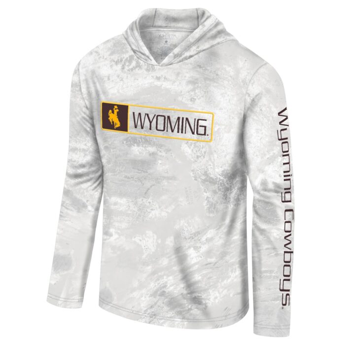 White and grey, hooded, windbreaker. On front, boxed, Wyoming in brown with gold bucking horse and brown fill. On left sleeve, Wyoming cowboys in brown
