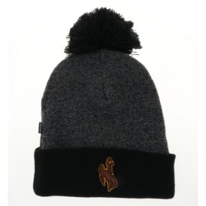 black pom knit beanie. Cuffed on bottom with embroidered bucking horse patch, brown with gold outline. pom on top.