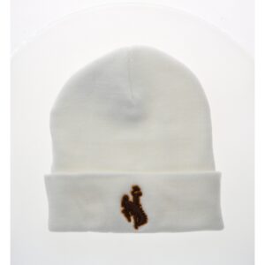 White acrylic beanie. cuffed bottom with bucking horse embroidery, brown with gold outline.