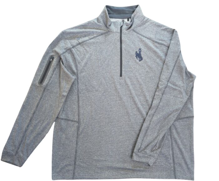 medium grey, Columbia brand 1/4 zip jacket. Grey trim on jacket with white bucking horse embroidered on left chest