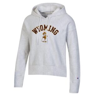 white hooded sweatshirt. wyoming arced in brown with gold outline. Under wyoming, pistol pete, in gold and white.