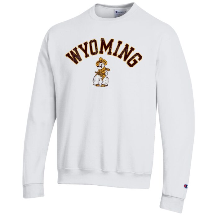 White crewneck sweatshirt with design on front. design is wyoming arced with brown text and gold outline with pistol pete under in gold and white.