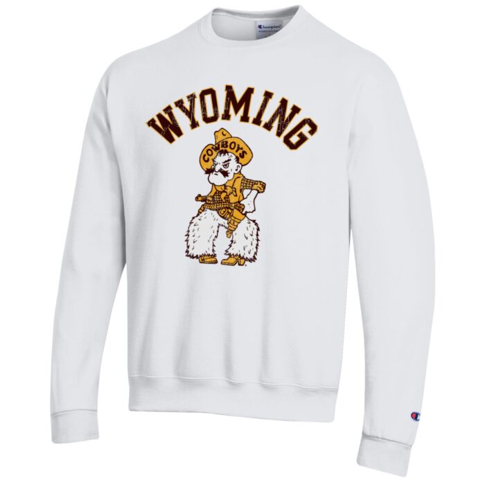 White crewneck sweatshirt with design on front. design is wyoming arced with brown text and gold outline with pistol pete under in gold and white.