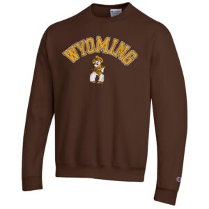 brown crewneck sweatshirt with design on front. design is wyoming arced with gold text and white outline with pistol pete under in gold and white.