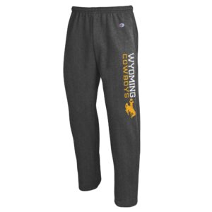 dark grey open leg sweatpants with wyoming, in white, cowboys, in gold, down left leg. Bucking horse under Cowboys.
