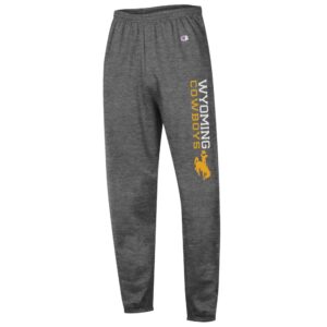 dark grey cuffed sweatpants with wyoming, in white, cowboys, in gold, down left leg. Bucking horse under Cowboys.