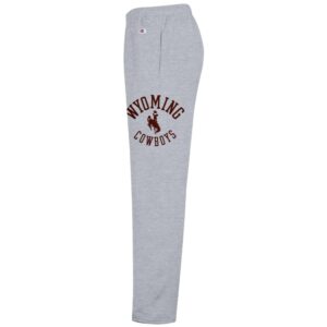 light grey sweatpants with open leg botton. Wyoming arced with bucking horse, cowboys below bucking horse. All print, brown ink.