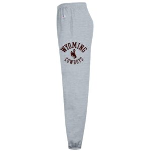 light grey sweatpants with banded leg botton. Wyoming arced with bucking horse, cowboys below bucking horse. All print, brown ink.