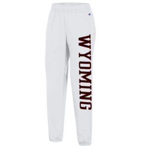 White, cuffed, sweatpants. Wyoming in brown ink down left leg.