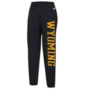 Black, cuffed sweatpants. with wyoming down left leg in gold ink
