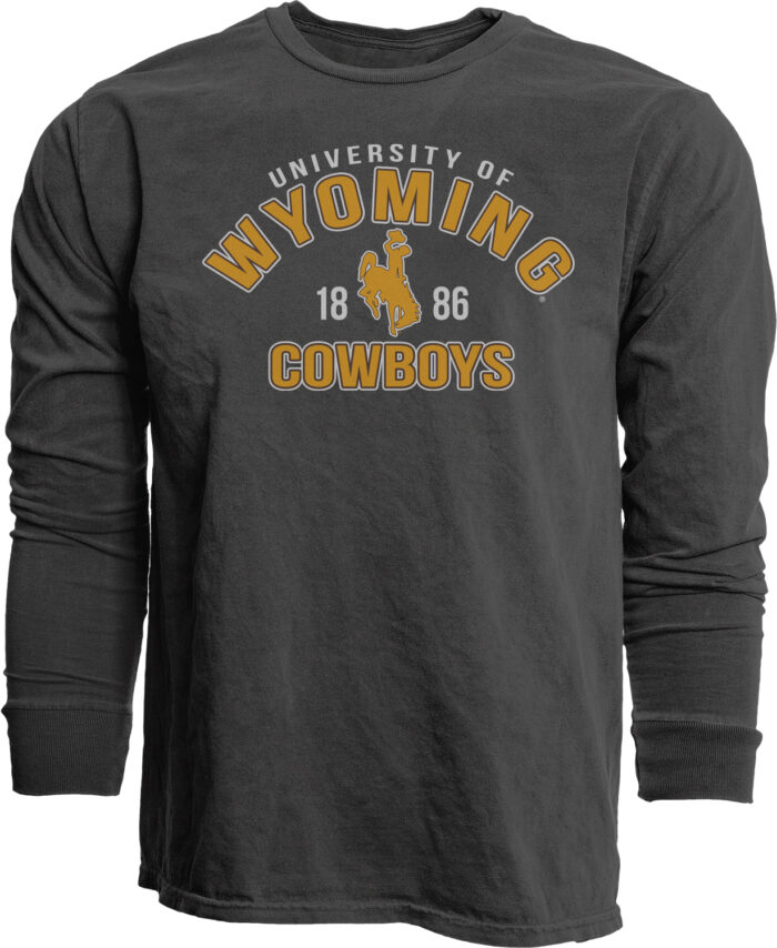 grey long sleeve t-shirt. design is university of in white small text with wyoming under arced in gold with white outline. 1886 and bucking horse in center in gold and white. Cowboys under in gold with white outline.