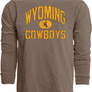 light brown long sleeve t-shirt. Wyoming arced, in gold text with brown outline. brown Bucking horse in center. cowboys under with gold text brown outline.