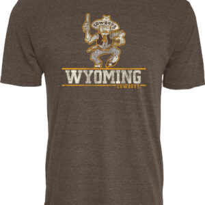 brown short sleeve t-shirt with design on front. Design is retro pistol pete- guns up, with wyoming under pete in white text with small cowboys below wyo in gold.