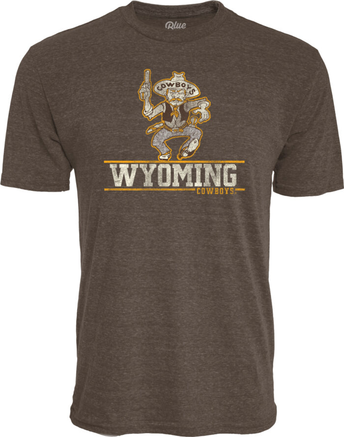brown short sleeve t-shirt with design on front. Design is retro pistol pete- guns up, with wyoming under pete in white text with small cowboys below wyo in gold.