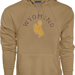 Mens hooded sweatshirt, Russett/light brown. brown fill white outline, Wyoming arced near collar. Under Wyoming, gold bucking horse with white outline.