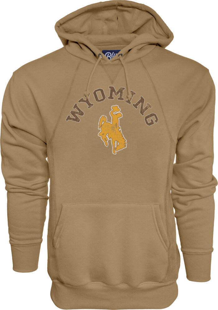 Mens hooded sweatshirt, Russett/light brown. brown fill white outline, Wyoming arced near collar. Under Wyoming, gold bucking horse with white outline.