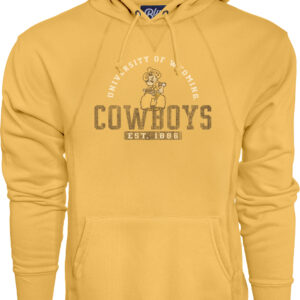 Gold hooded sweatshirt with university of Wyoming arced with Pistol Pete in center. under Pete Cowboys in brown font. under Est. 1886 boxed.