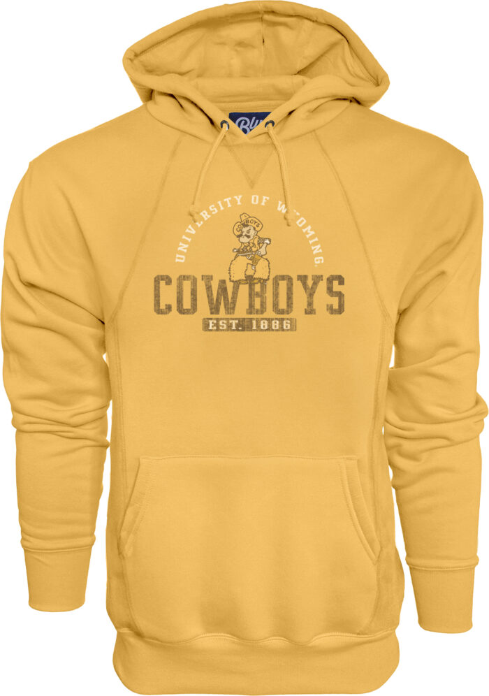 Gold hooded sweatshirt with university of Wyoming arced with Pistol Pete in center. under Pete Cowboys in brown font. under Est. 1886 boxed.