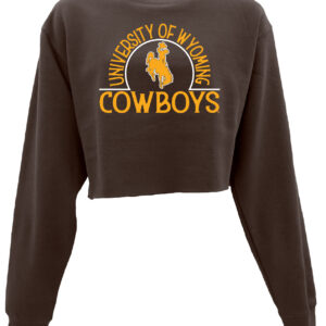 crewneck cropped sweatshirt with design on front. Design has university of wyoming in have circle arc with cowboys under, straight across. All text is gold with gold bucking horse in center if arc.