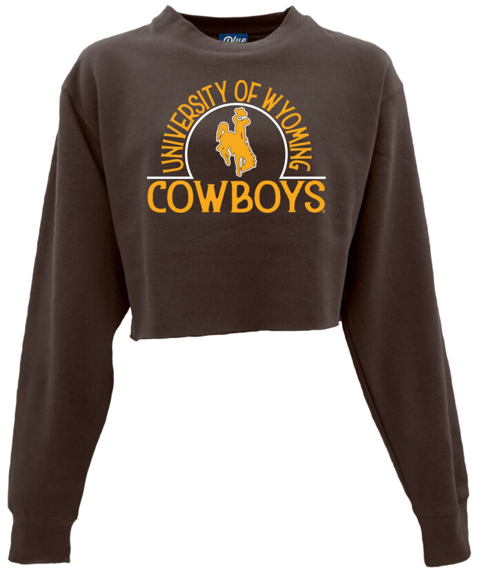 crewneck cropped sweatshirt with design on front. Design has university of wyoming in have circle arc with cowboys under, straight across. All text is gold with gold bucking horse in center if arc.