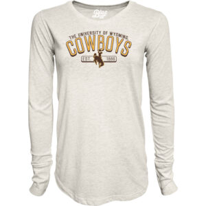 Womens long sleeve t-shirt. Oatmeal white with the university of wyoming in brown lettering near collar. Cowboys under UWYO in gold with brown outline. Est Bucking horse 1886, boxed, in brown under cowboys.