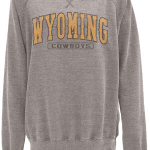 Womens crewneck sweatshirt, light grey. Wyoming, gold with brown outline, arced across chest. Cowboys, in brown, boxed, under wyoming.
