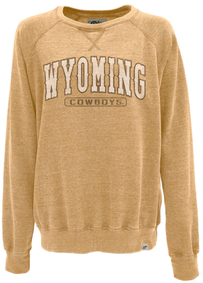 Womens crewneck sweatshirt, mustard yellow/orange. Wyoming, white with brown outline, arced across chest. Cowboys, in brown, boxed, under wyoming.