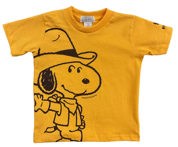 short sleeve t-shirt with snoopy in brown, in a cowboy hat on right front. with bucking horse and wyoming on left sleeve.