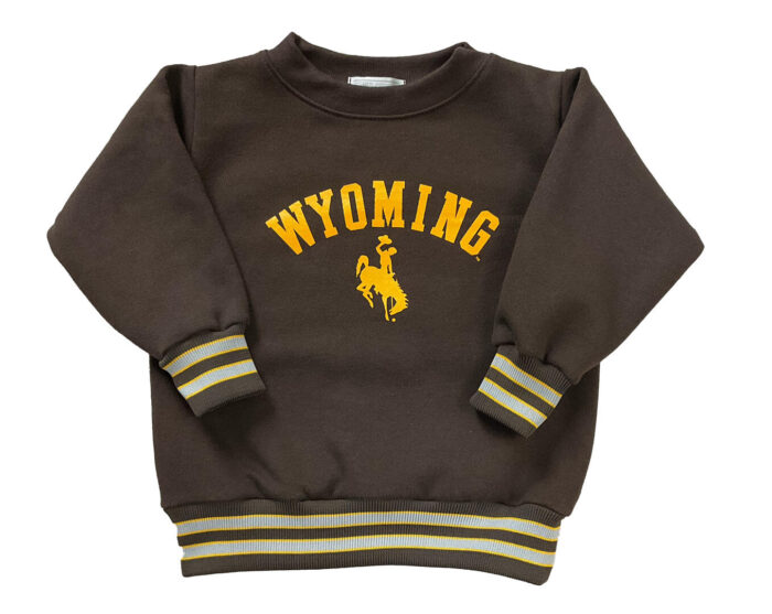 Brown kids crewneck sweatshirt. wyoming arced with bucking horse under in gold. sleeves and waist banded with grey and gold stripes.